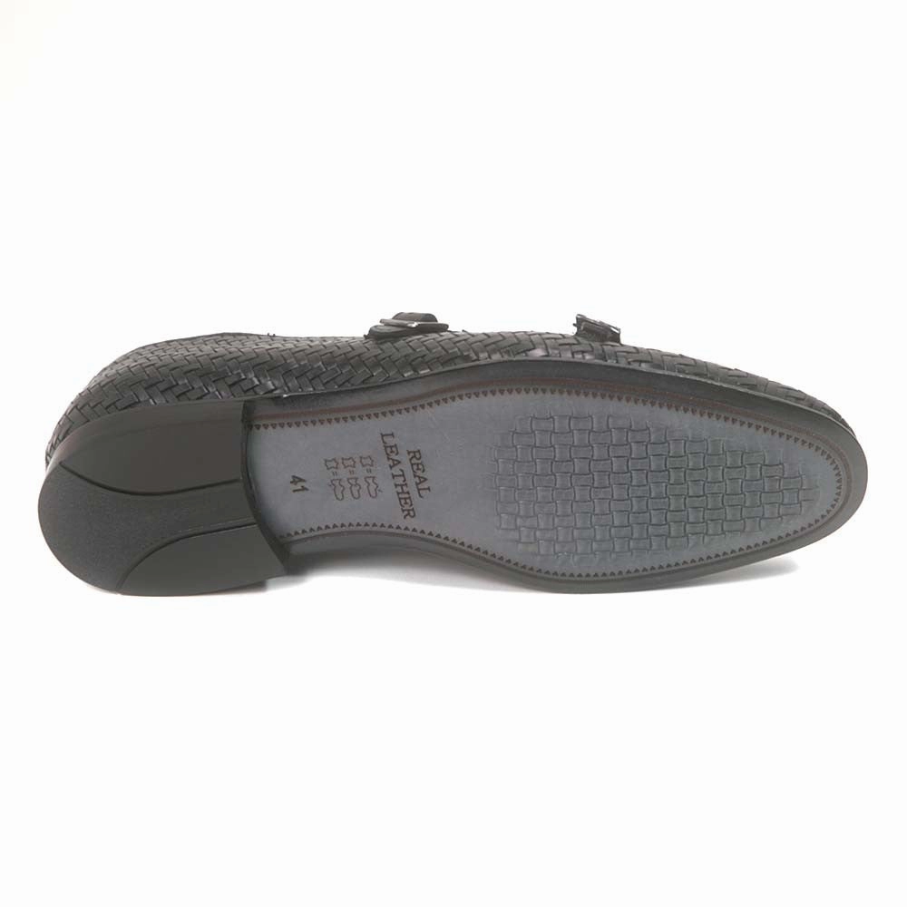 Loafers Shiny Golden Pass Black Woven Double Buckle Monk Strap Men's Shoes