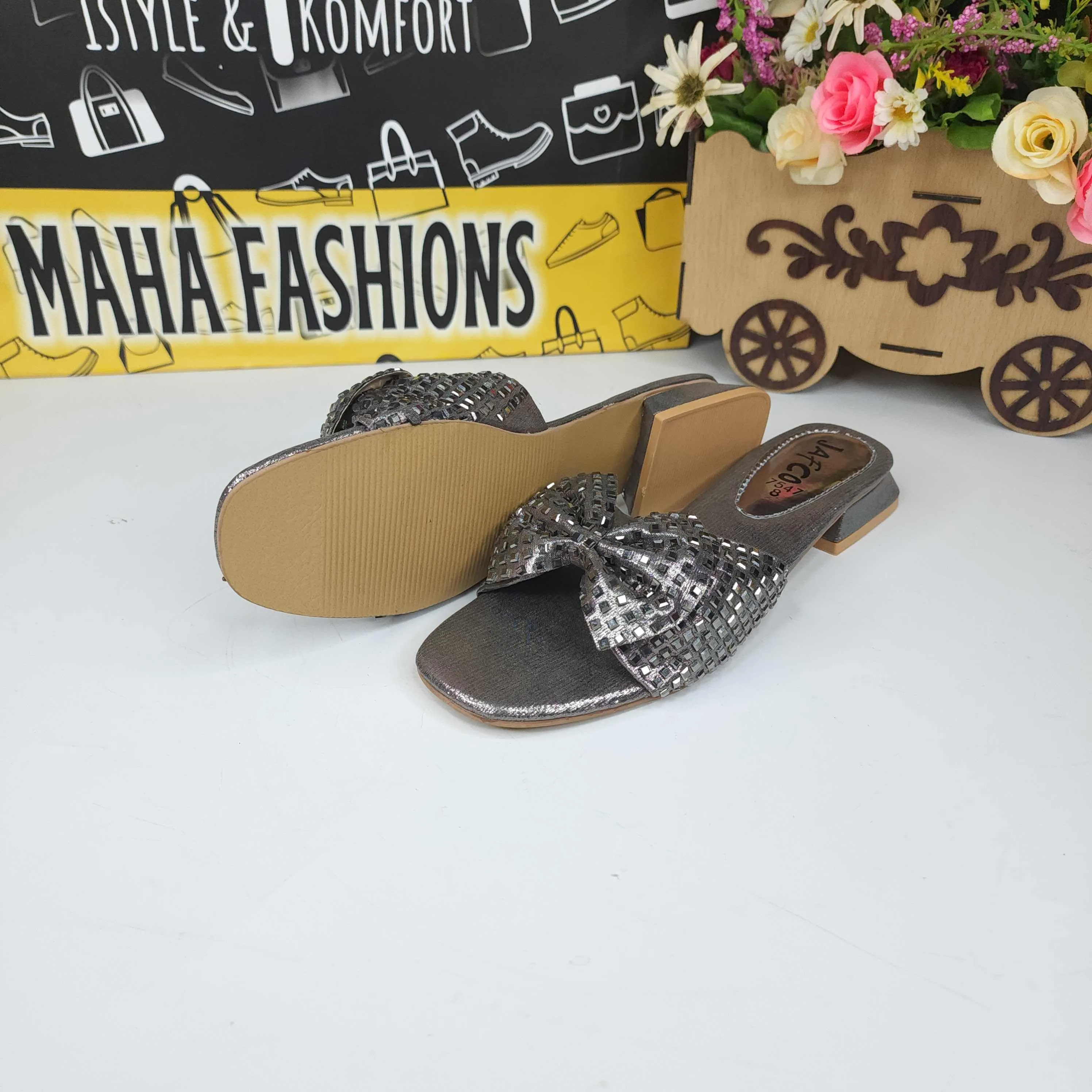 Grey Bow Slippers in Short Heel Sonoma Slippers