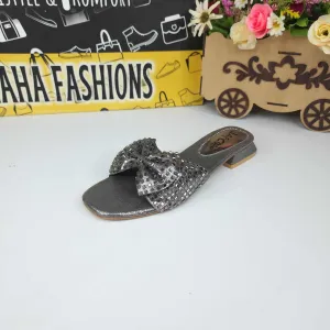 Grey Bow Slippers in Short Heel Slippers With Heels