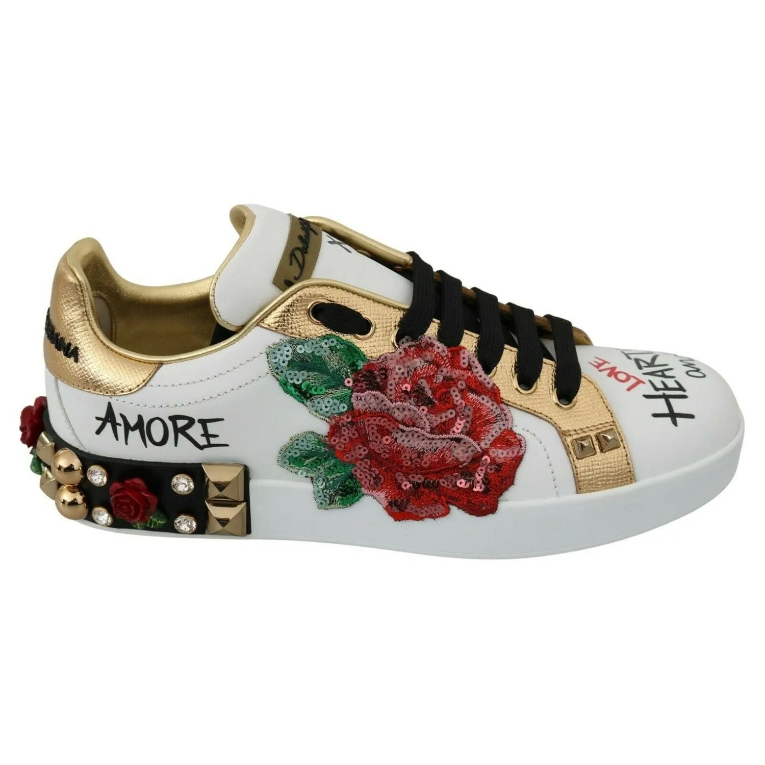 Dolce & Gabbana White Roses Sequined Crystal Womens Sneakers Shoes 10. NULL