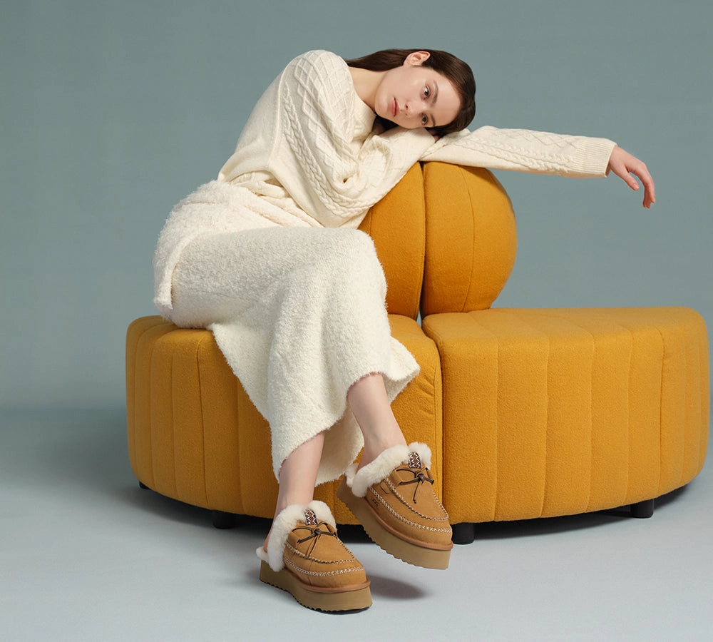 Friends Slippers AUSTRALIAN SHEPHERD UGG Slippers Women Sheepskin Wool Platform Sammy