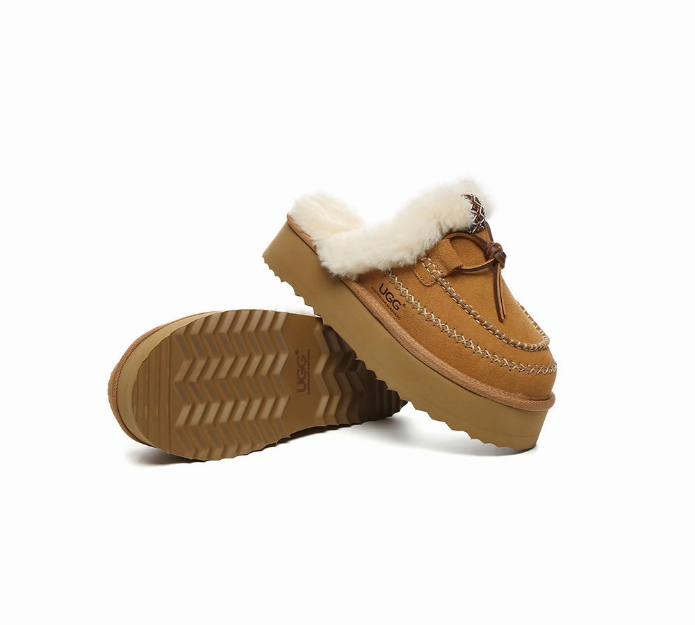 Insulated Slippers AUSTRALIAN SHEPHERD UGG Slippers Women Sheepskin Wool Platform Sammy
