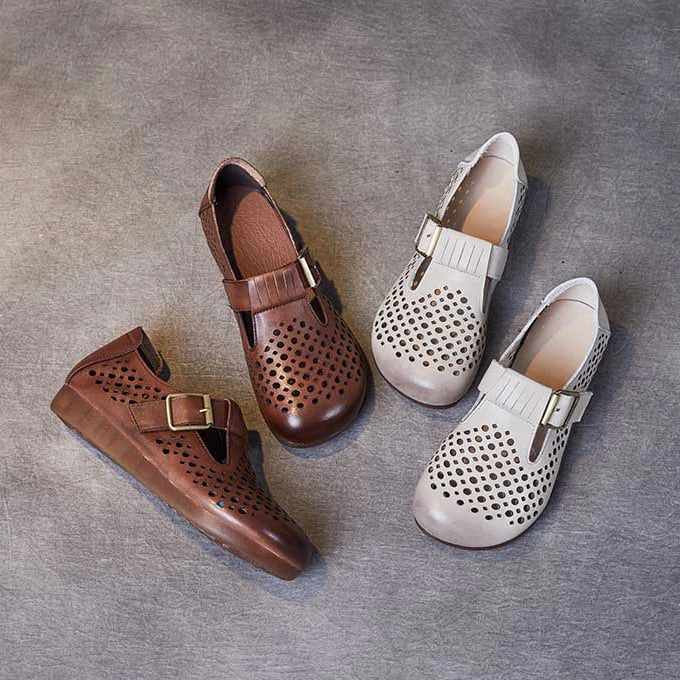 Hollow-out Women Leather Flat Shoes With Buckle Accents Bottom Tennis Shoes