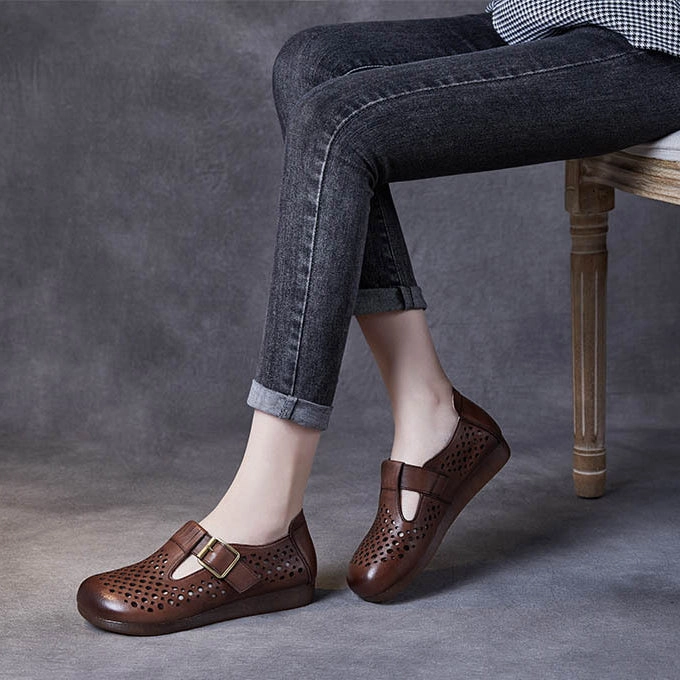 Hollow-out Women Leather Flat Shoes With Buckle Accents Flats Shoes Ballet Shoes