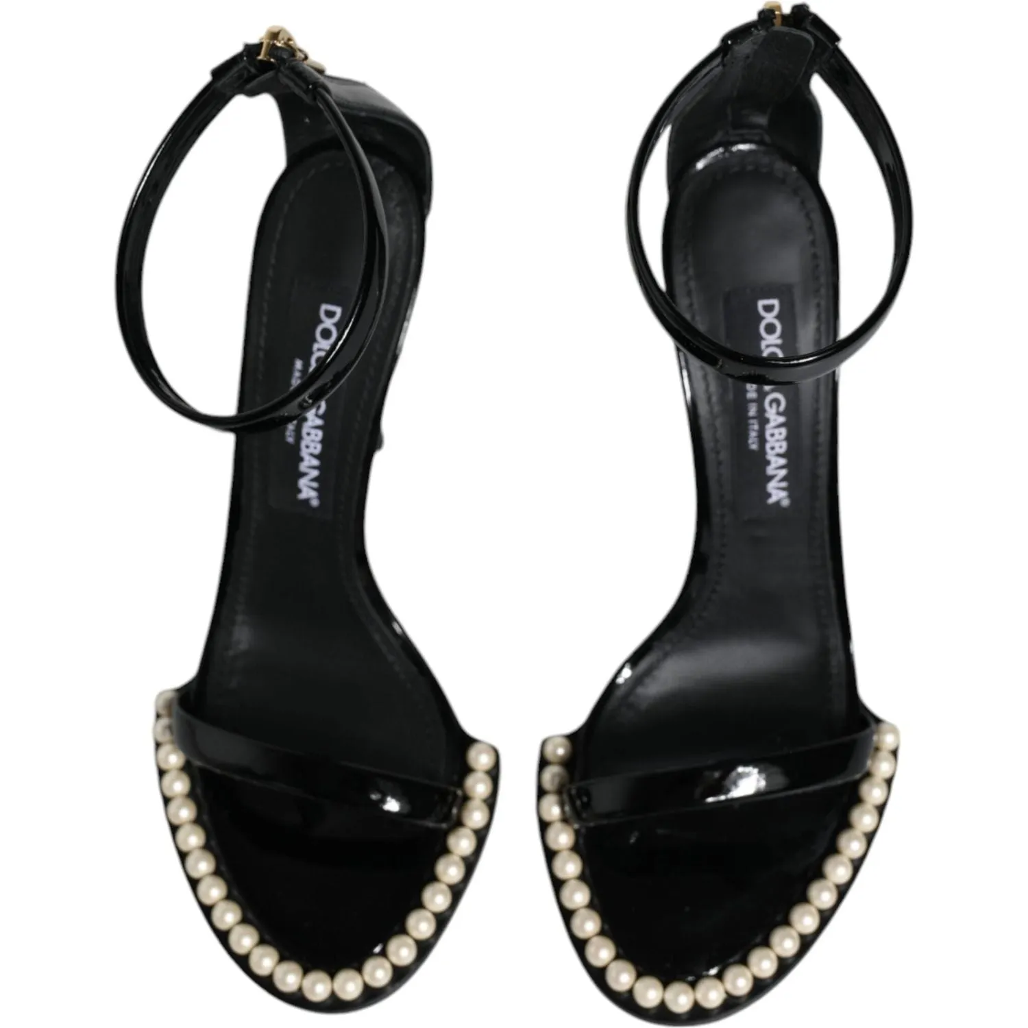 Dolce & Gabbana Black Keira Leather Faux Pearl Sandals Heels Shoes Spanish Sandals