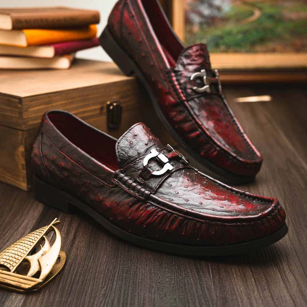 Adelante Loafers Ferrioni Black Cherry Genuine Ostrich Moc Toe Bit Loafers | MARCO DI MILANO
