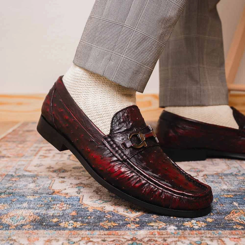 Pinch Tassel Loafers Ferrioni Black Cherry Genuine Ostrich Moc Toe Bit Loafers | MARCO DI MILANO