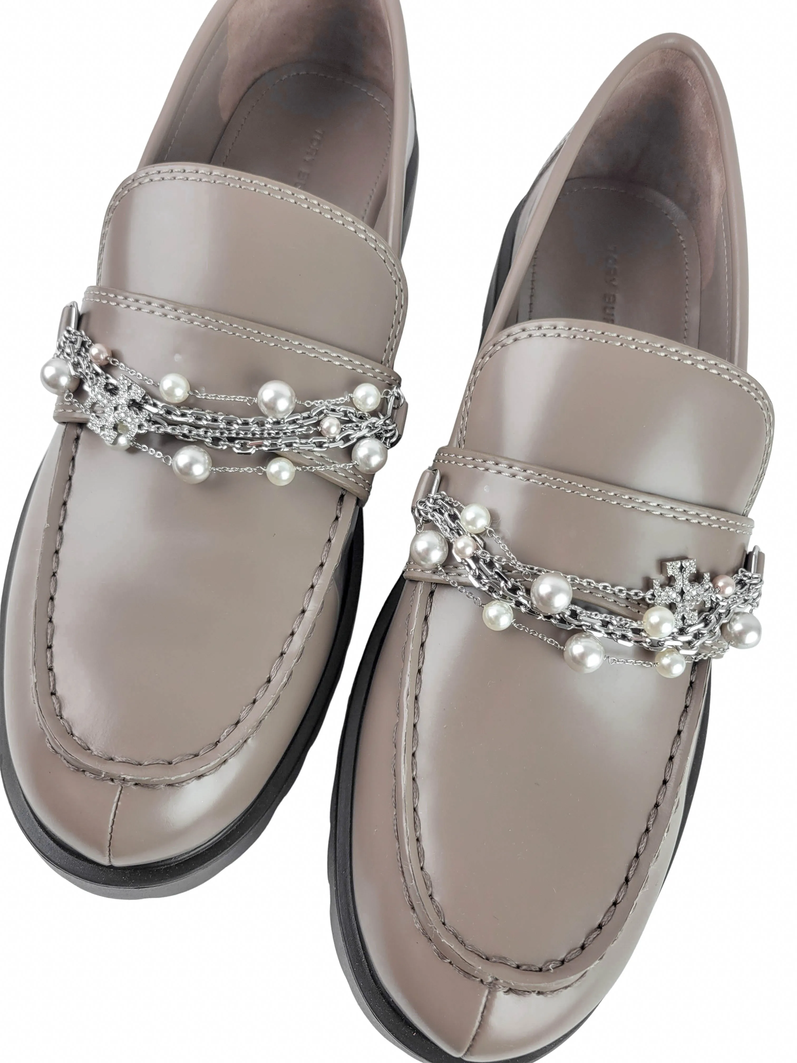 Tory Burch Embellished Loafers in Dark Elk Wide Flat Pedal Shoes