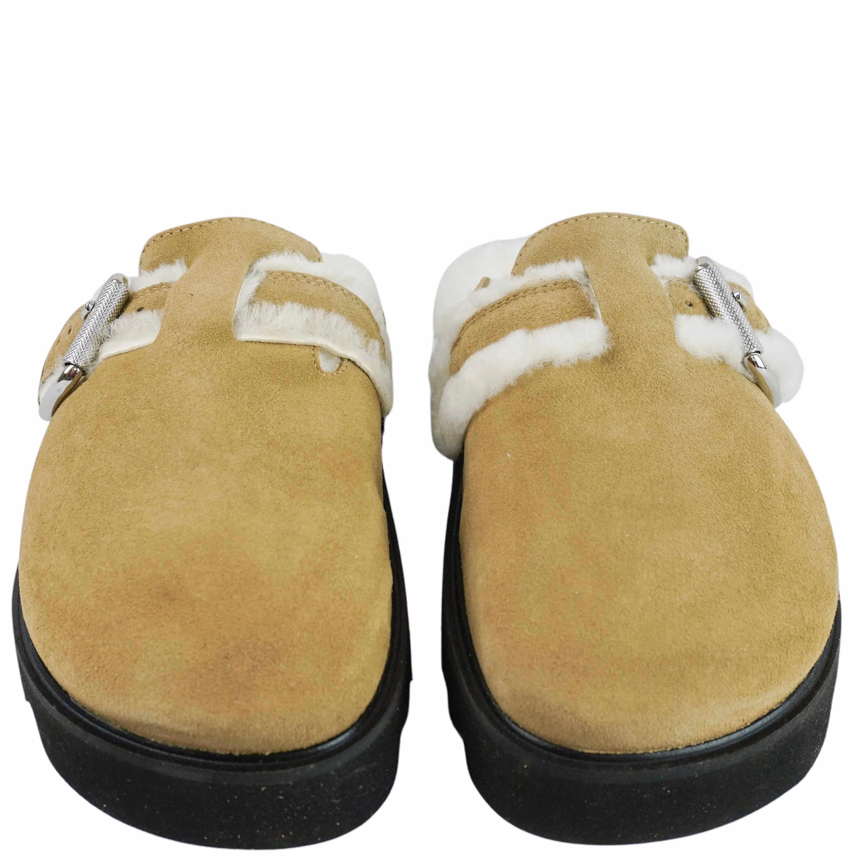 IRO Bracci Leather Mules in Tan/Cream Wearing Flat Shoes On Leg Day