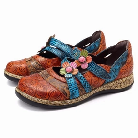Flats Michael Kors Shoes Women Vintage Floral Splicing Colored Flat Wedge Leather Shoes