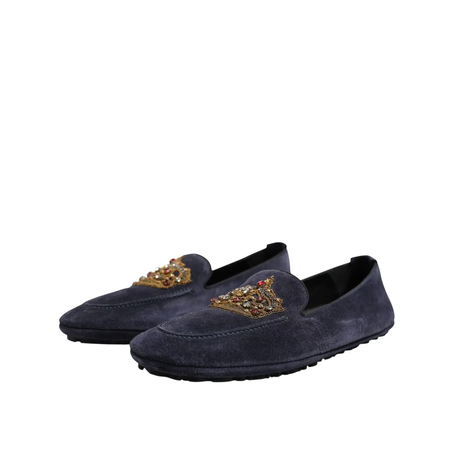 Dolce & Gabbana Blue Suede Crown Crystal Loafers Dress Shoes Loafers Luxury