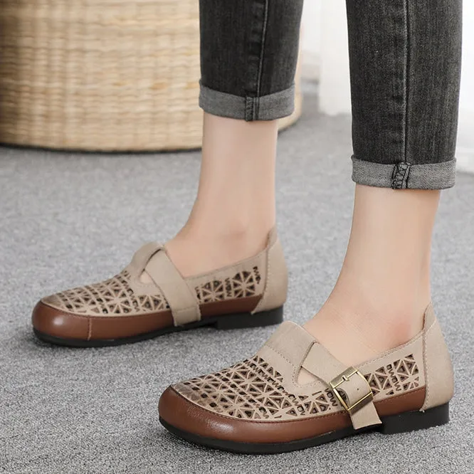 Leather Breathable Hollow-Out Flat Shoes With Buckle Accents Top Shoes For Flat Feet
