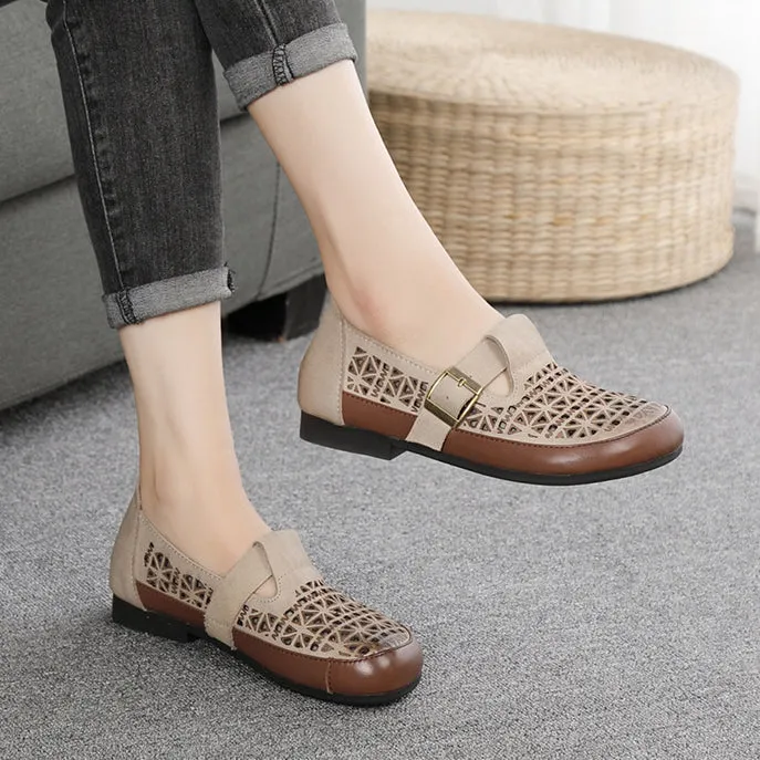 Leather Breathable Hollow-Out Flat Shoes With Buckle Accents Best Shoes For Flat Feet Working
