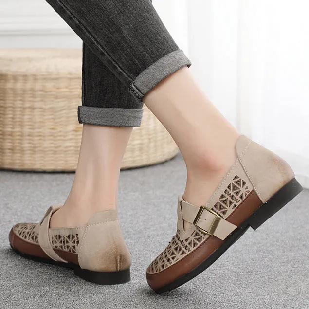 Old Money Flat Shoes Leather Breathable Hollow-Out Flat Shoes With Buckle Accents