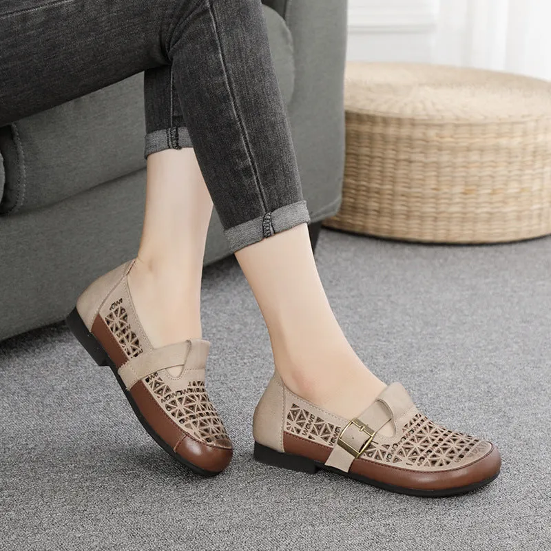 Gold Shoes Leather Breathable Hollow-Out Flat Shoes With Buckle Accents
