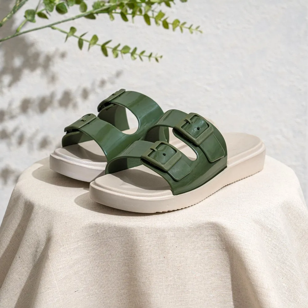 Angels In Flip Flops Olive Green Glossy Buckle Sliders