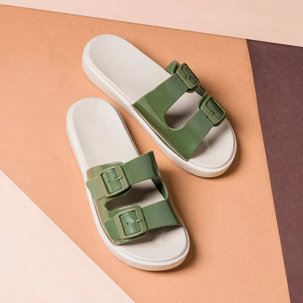 Olive Green Glossy Buckle Sliders Indestructible Flip Flops