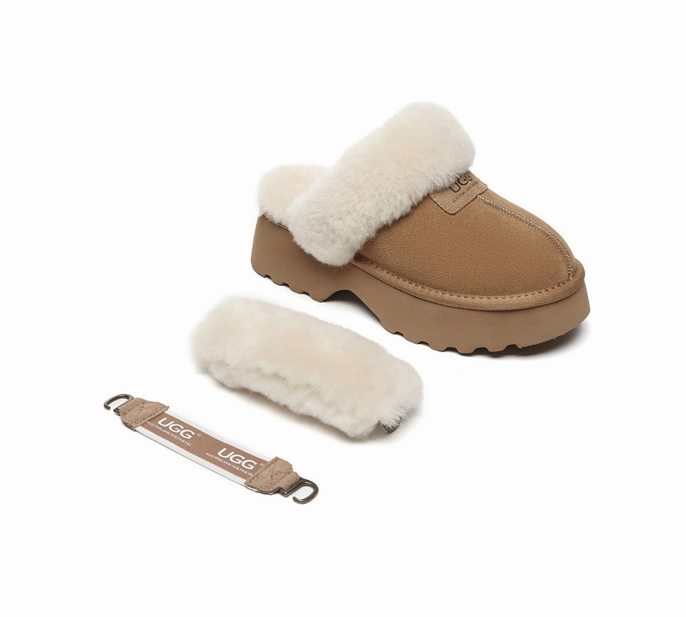 Slippers Plaid AUSTRALIAN SHEPHERD 3-Way Style UGG Slippers Women Removable Wool Strap Slingback Chunky Platform Muna