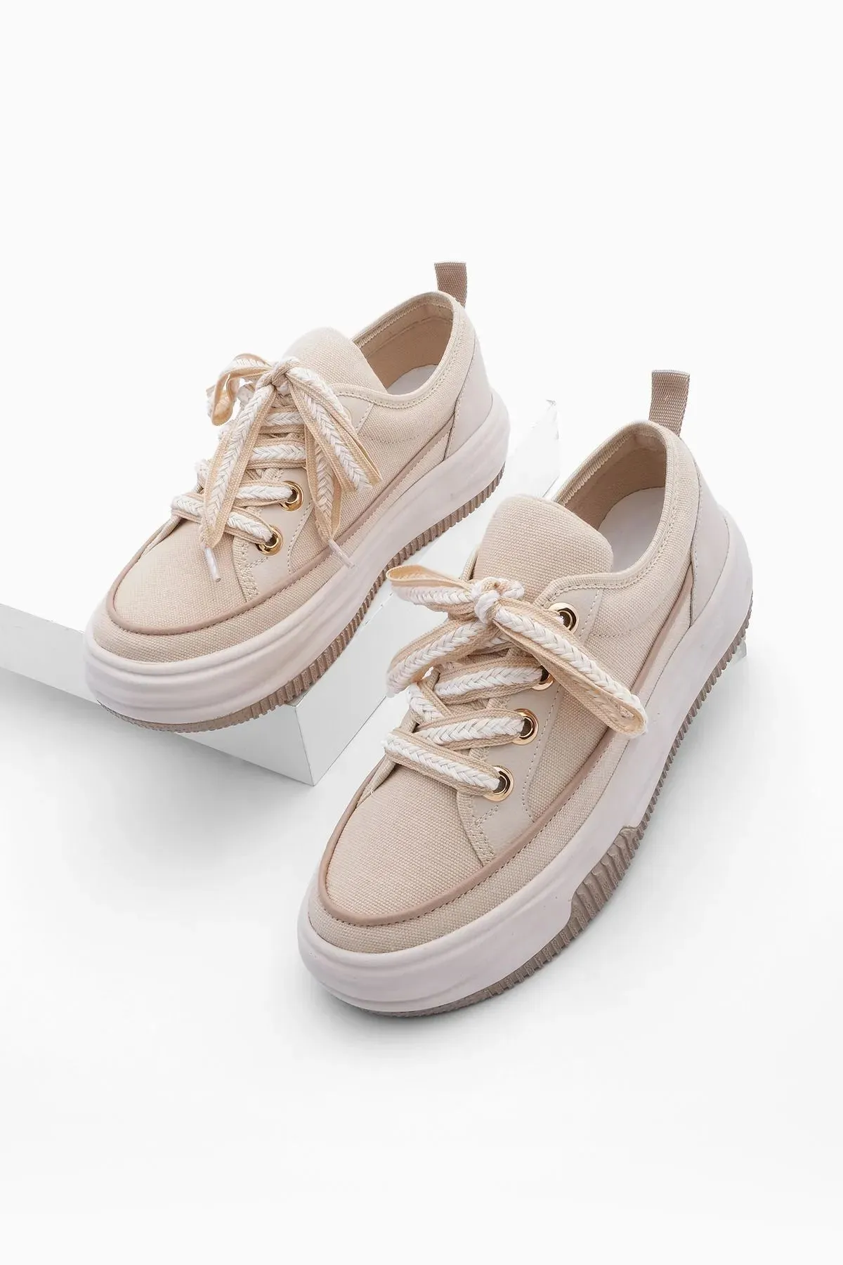 Rep Sneakers Margin Women's High Sole Sneakers Linen Fabric Lace-Up Sneakers