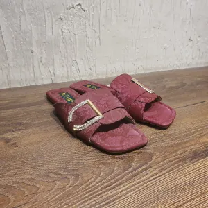 Maroon Fancy Slippers For Women Gold Slides