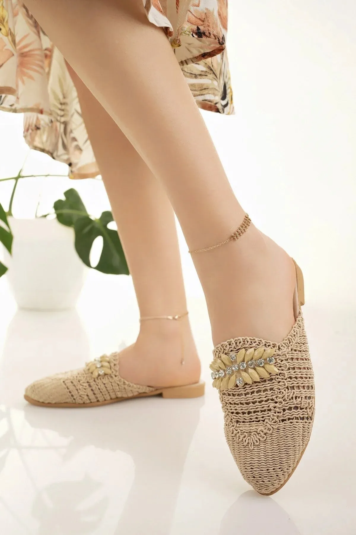 Baggu Puffy Slippers Modafrsat Women's Straw Front Closed Detailed Stylish Slippers