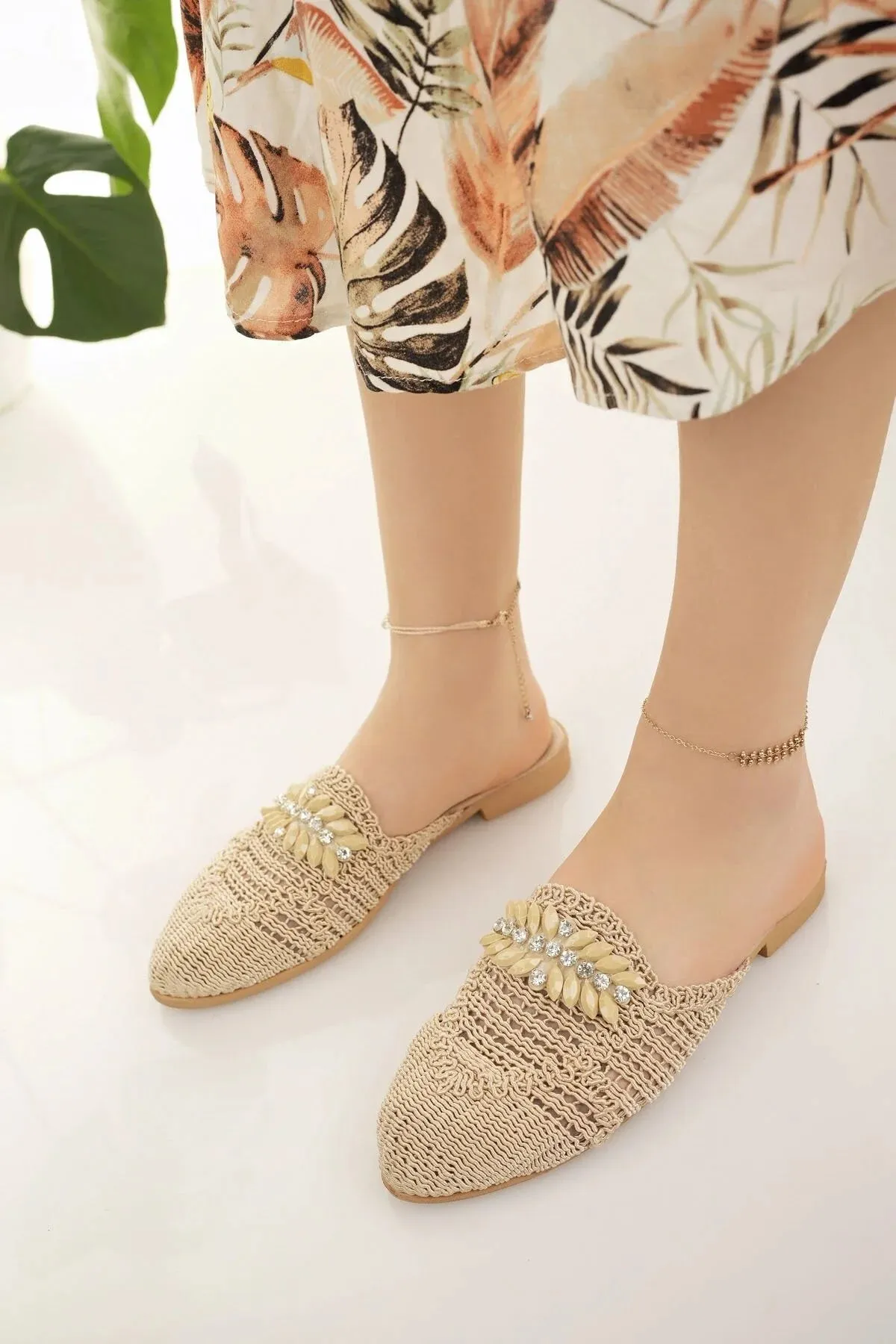 Slides With Cushion Modafrsat Women's Straw Front Closed Detailed Stylish Slippers