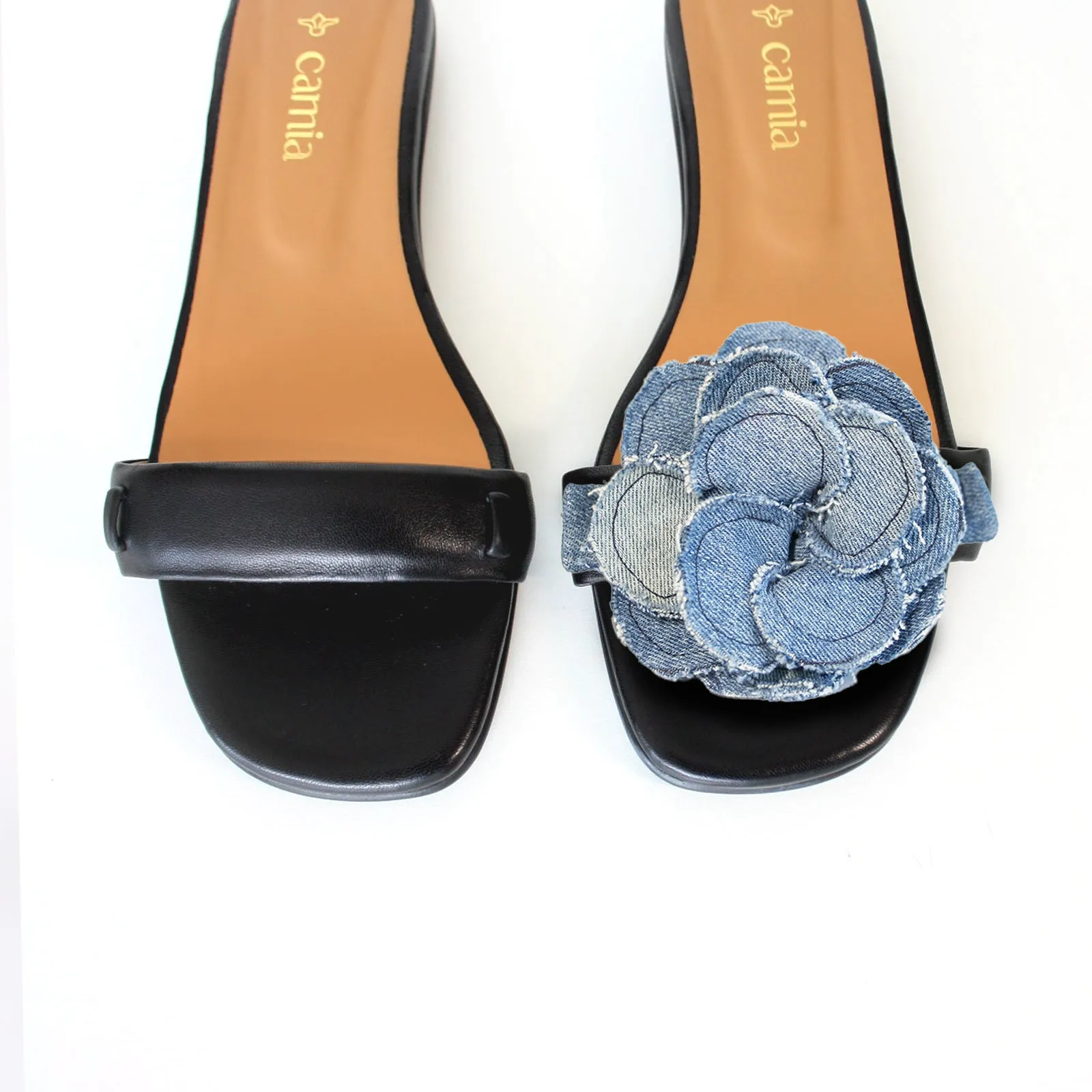 Comfortable Flat Shoes With Arch Support Black Flat Swap Sandal Denim Blue Flower with Cushion