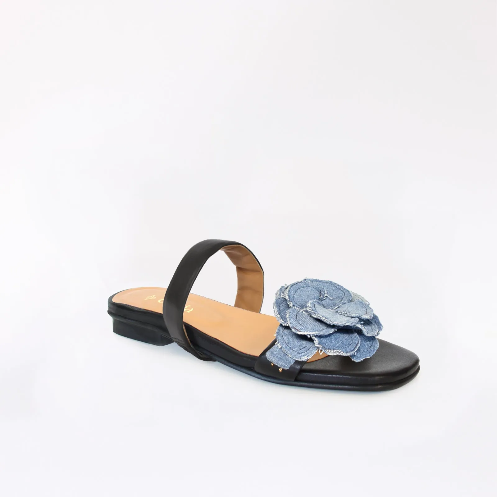 Walking Shoes Black Flat Swap Sandal Denim Blue Flower with Cushion