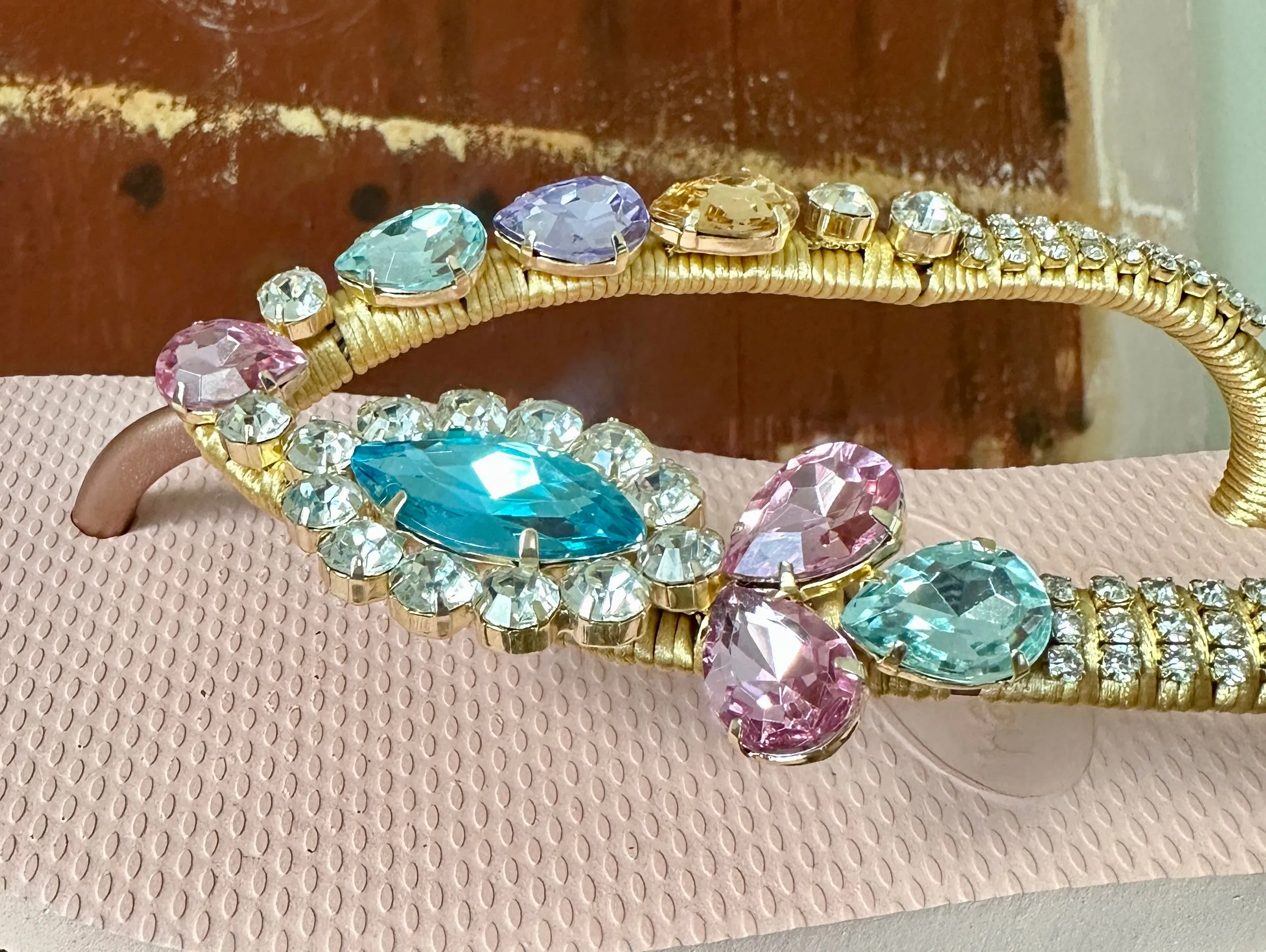 Pastel Crystal Flip Flop Custom Made Sandal Handmade Light Pink Sole Gold Wrap Elegant Sparkly Look Gift Romantic Summer Vacation Shoe Cheap Comfortable Flip Flops