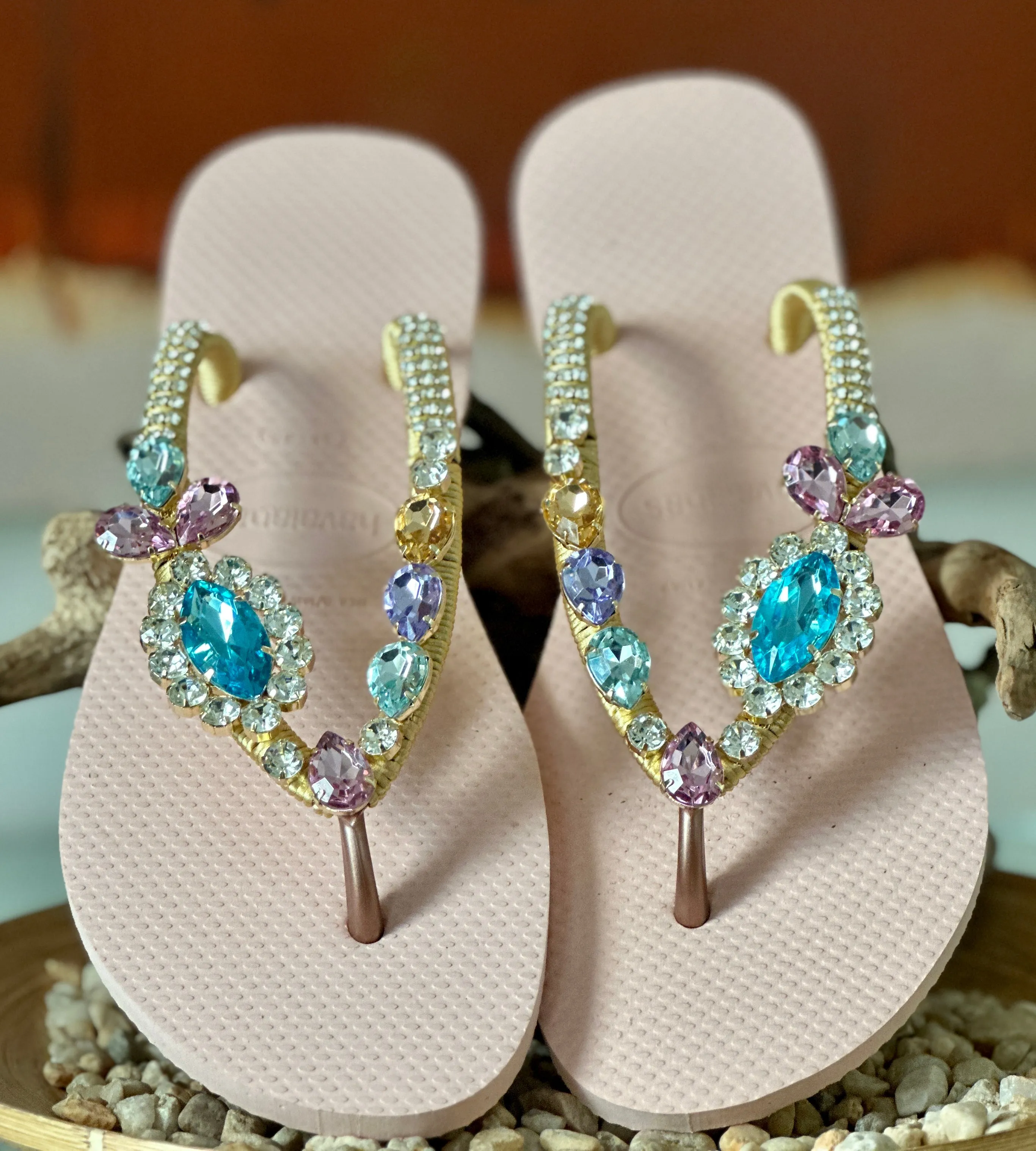 1980s Flip Flops Pastel Crystal Flip Flop Custom Made Sandal Handmade Light Pink Sole Gold Wrap Elegant Sparkly Look Gift Romantic Summer Vacation Shoe
