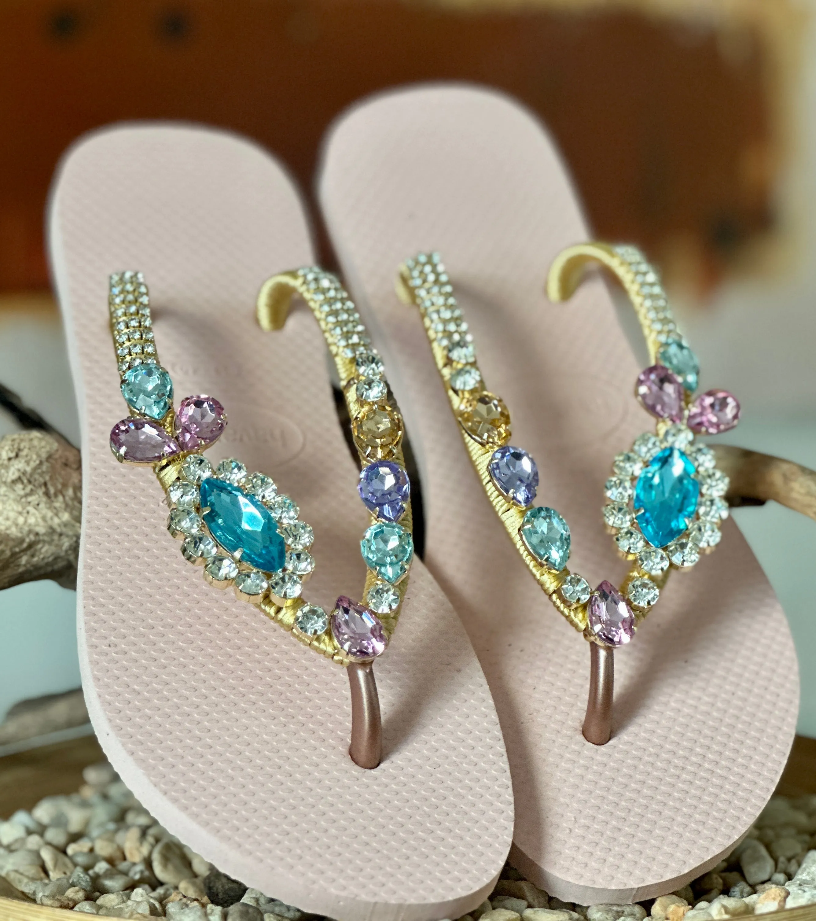 Latex Flip Flops Pastel Crystal Flip Flop Custom Made Sandal Handmade Light Pink Sole Gold Wrap Elegant Sparkly Look Gift Romantic Summer Vacation Shoe