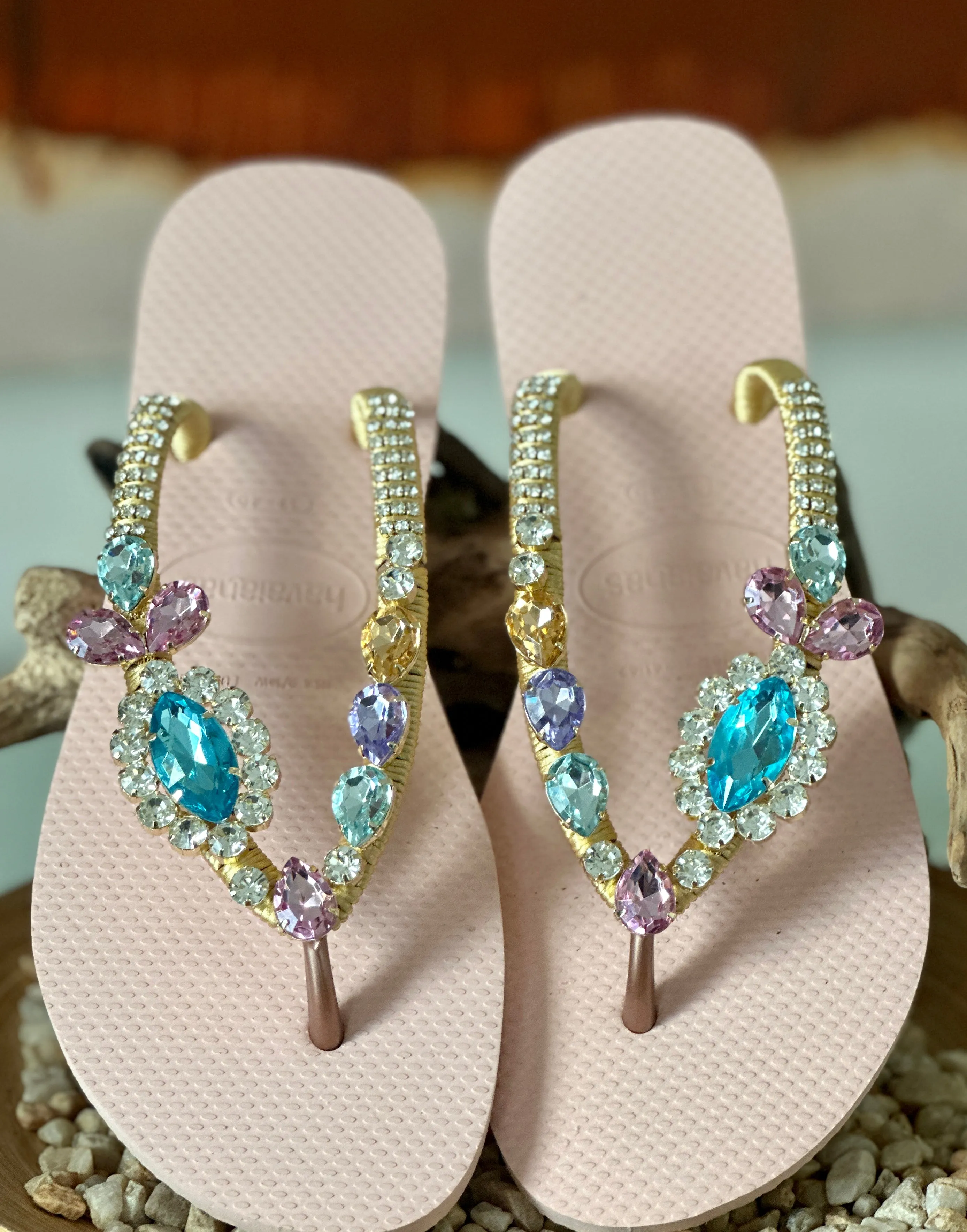 Arches Flip Flops Pastel Crystal Flip Flop Custom Made Sandal Handmade Light Pink Sole Gold Wrap Elegant Sparkly Look Gift Romantic Summer Vacation Shoe