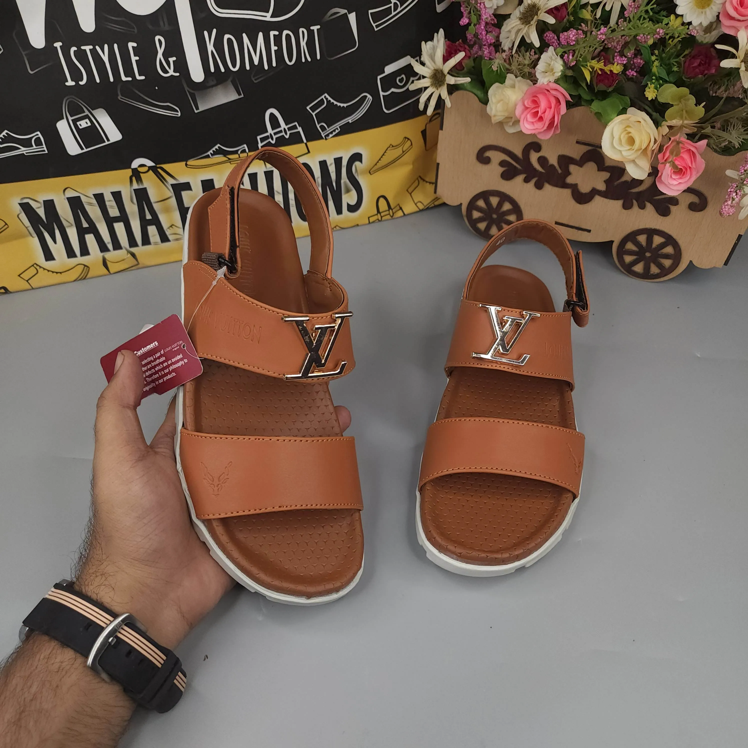 Camel Sandals with Golden Buckle Sandals With Ring Toe