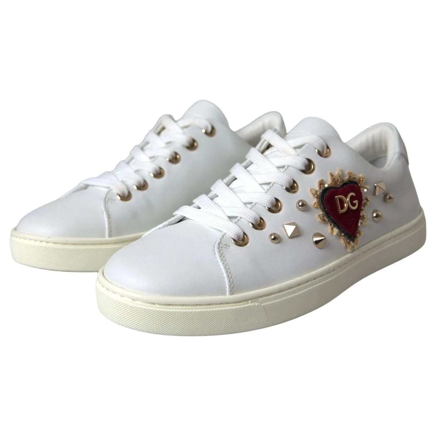 Dolce & Gabbana White Leather Gold Red Heart Sneakers Shoes Silver Sneakers Workout