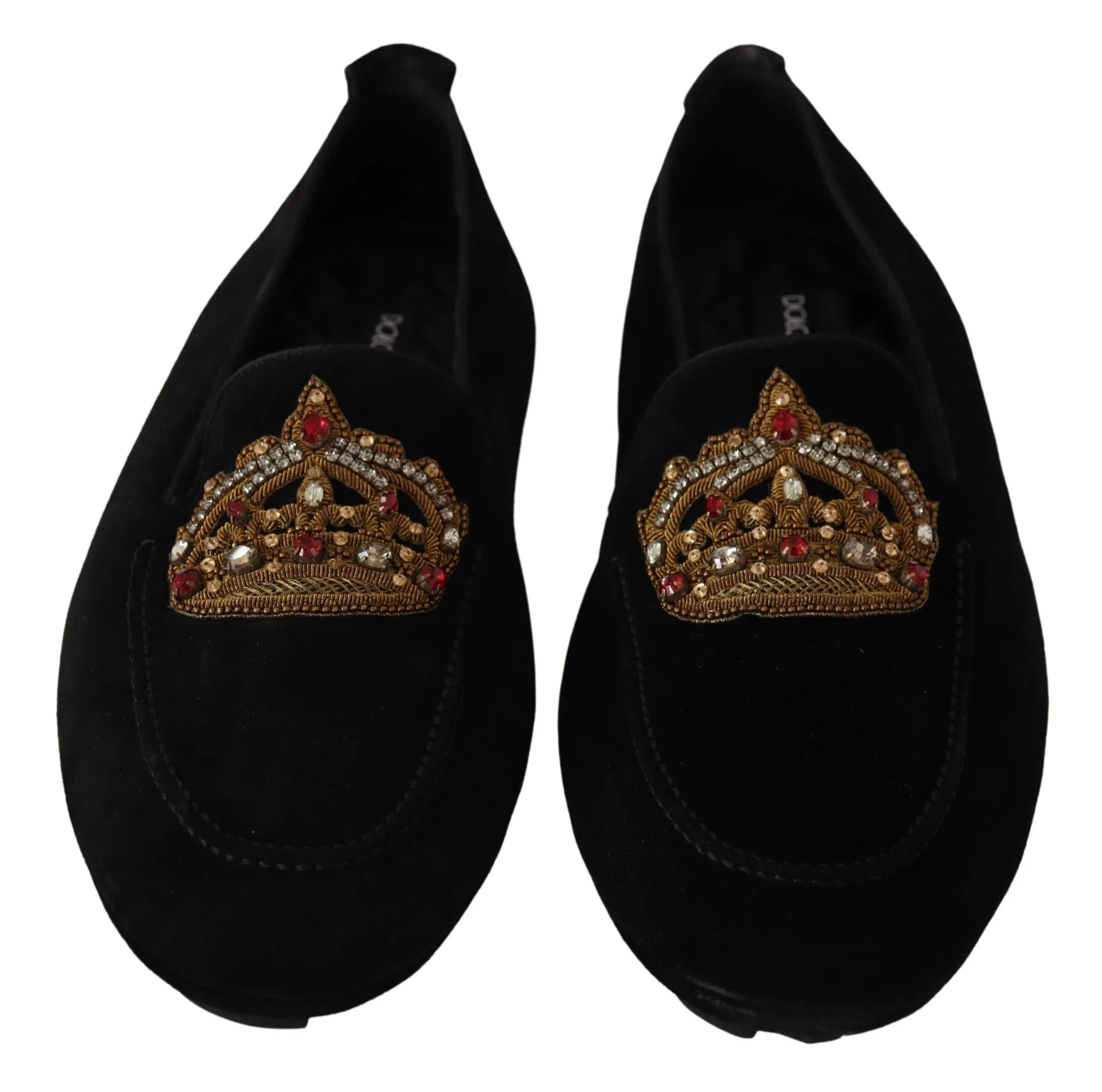 Thick Loafers Black Leather Crystal Gold Crown Loafers Shoes