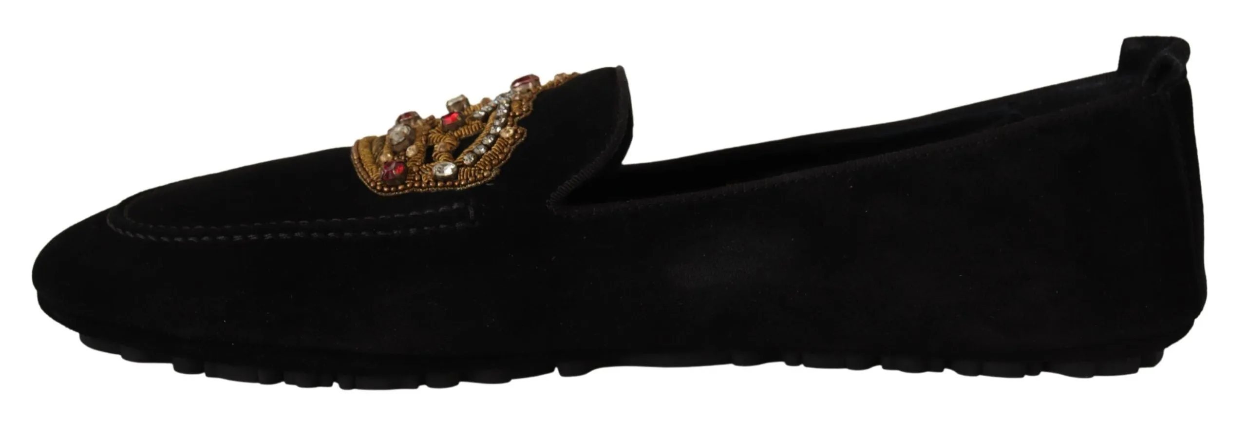 Black Leather Crystal Gold Crown Loafers Shoes Loafers Pike