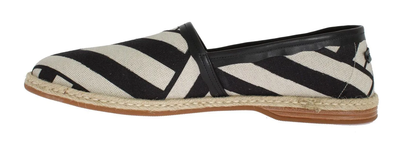 Loafers With Toe Separation White Black Linen Striped Logo Loafers