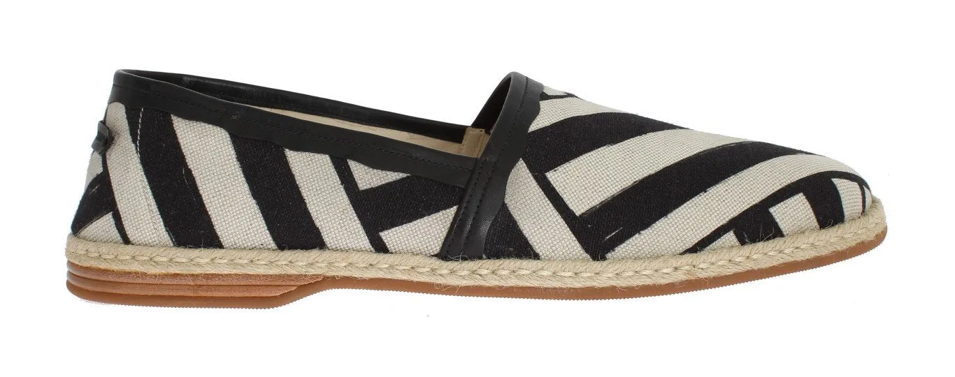 Loafers For Women White Black Linen Striped Logo Loafers