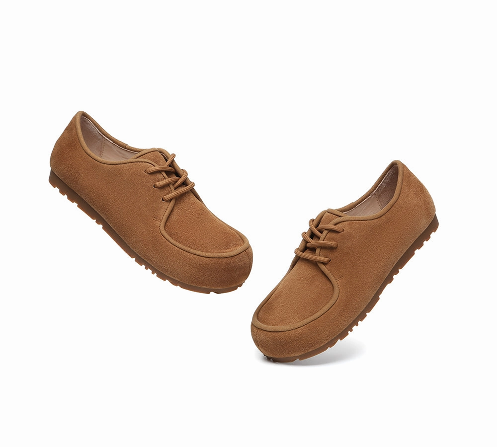 EVERAU Women Suede Leather Lace Up Casual Wallabee Brandon Shoes That Look Like Ballet Slippers