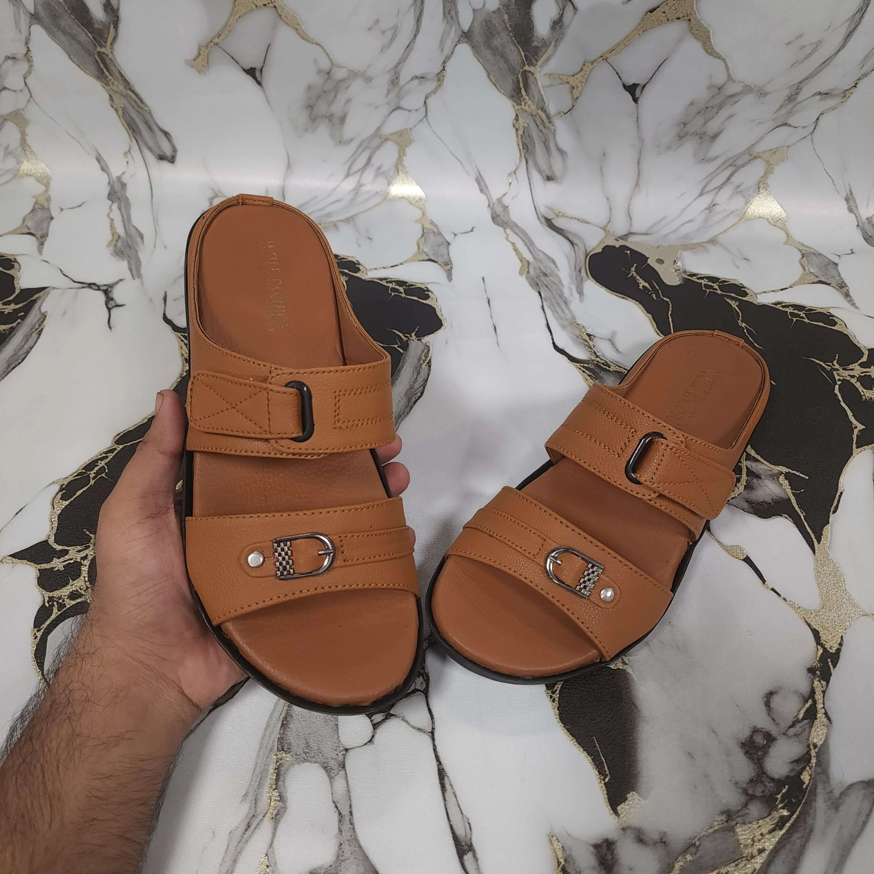 Wedding Flat Sandals Premium Mustard Leather Double Strap Slippers