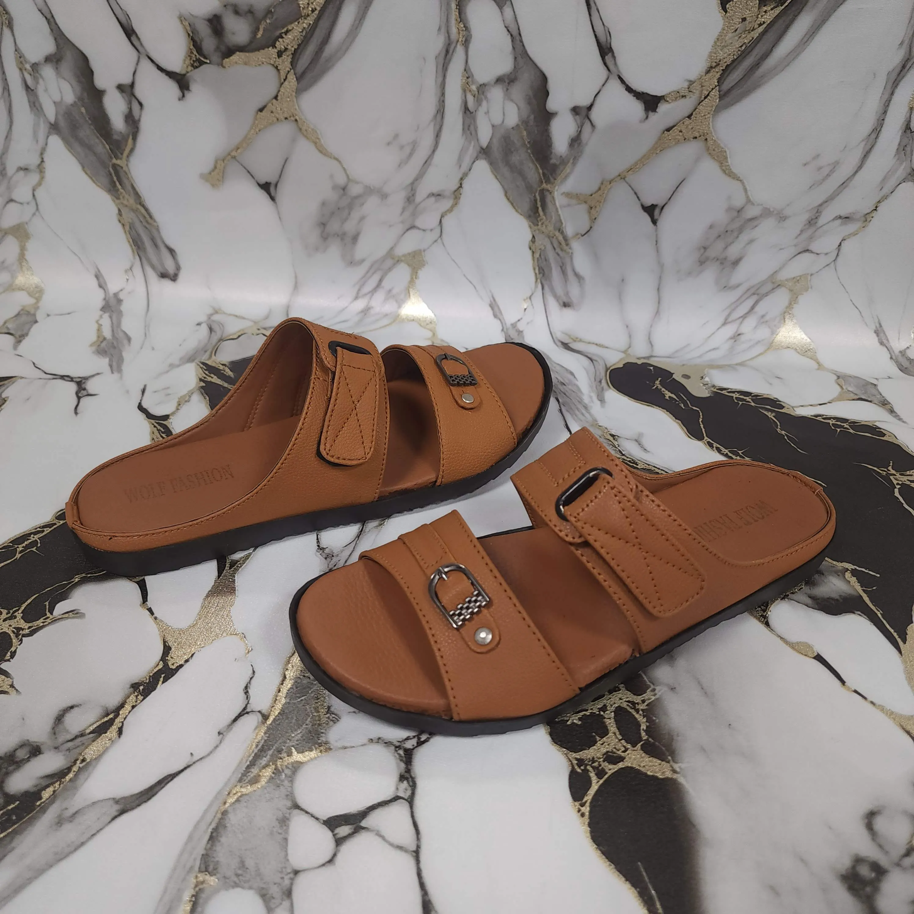 Premium Mustard Leather Double Strap Slippers Italia Sandals
