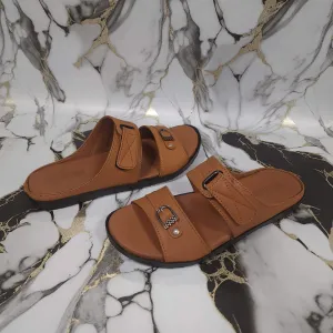 Premium Mustard Leather Double Strap Slippers Sandals With A Heel