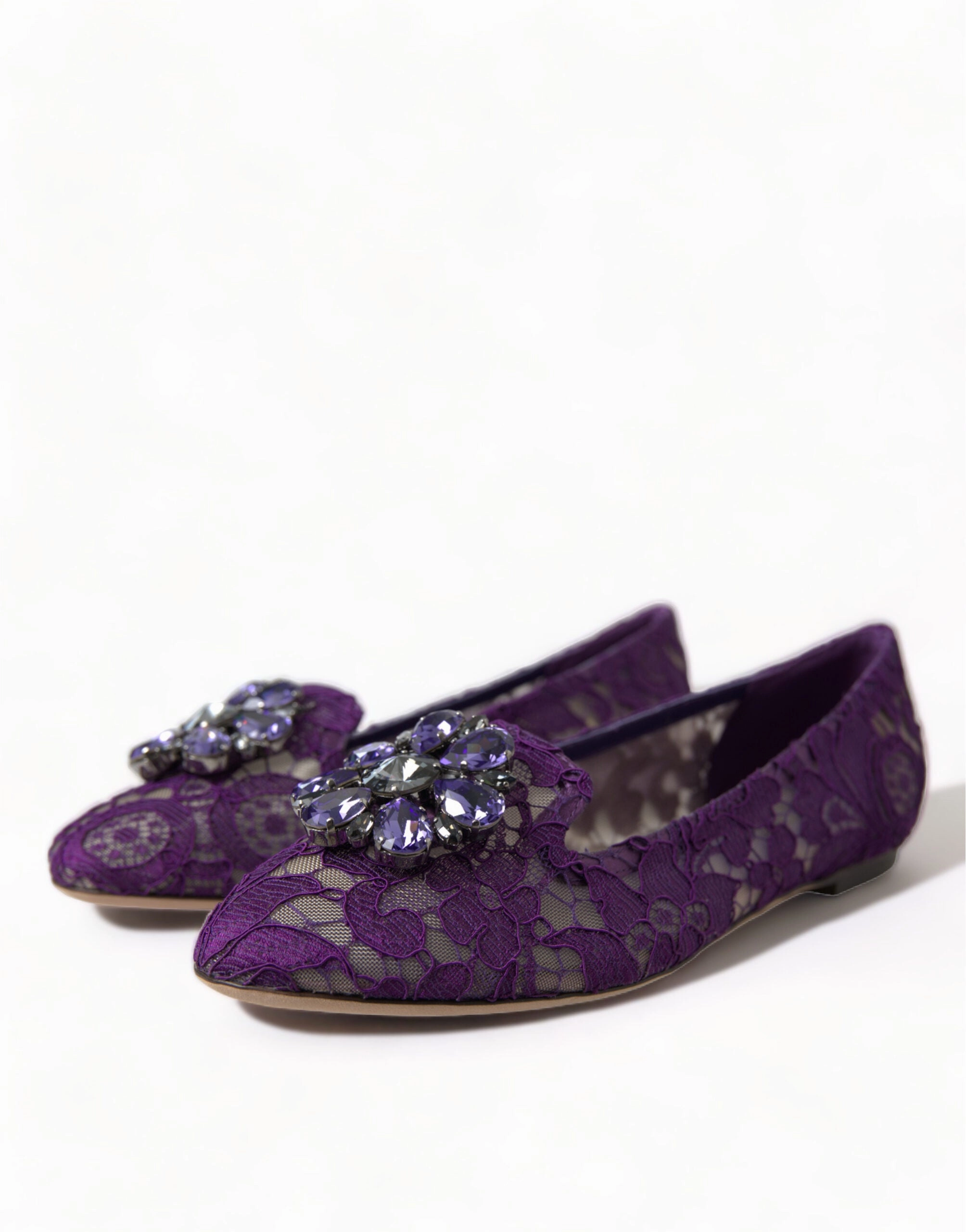 Flat Faced Trigger Shoe Purple Vally Taormina Lace Crystals Flats Shoes
