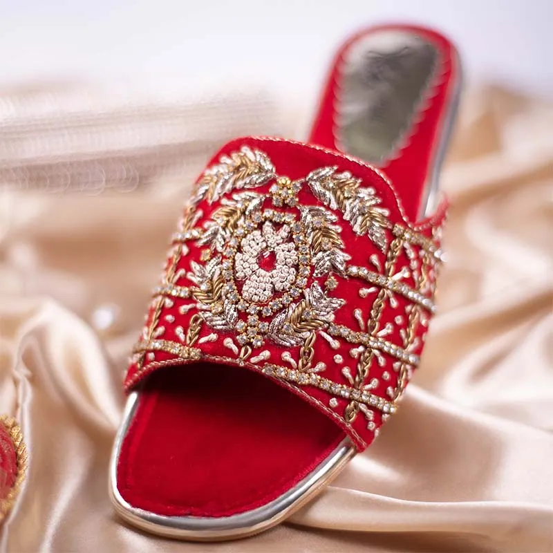 Red Fancy Slipper Chunky Sneakers Leather Casual Shoes