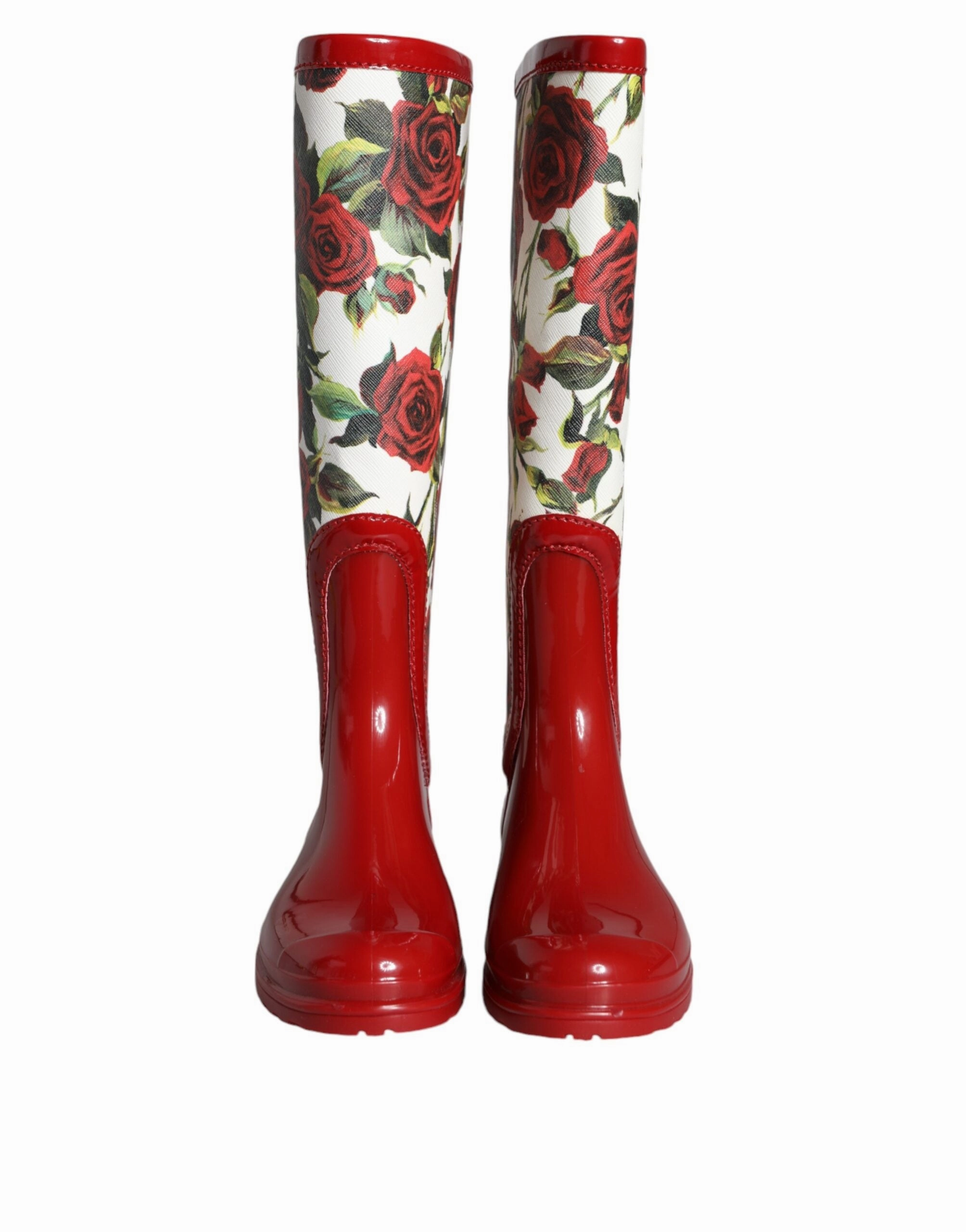 Red Floral Rubber Knee High Flat Boots Shoes Bride Flat Shoes
