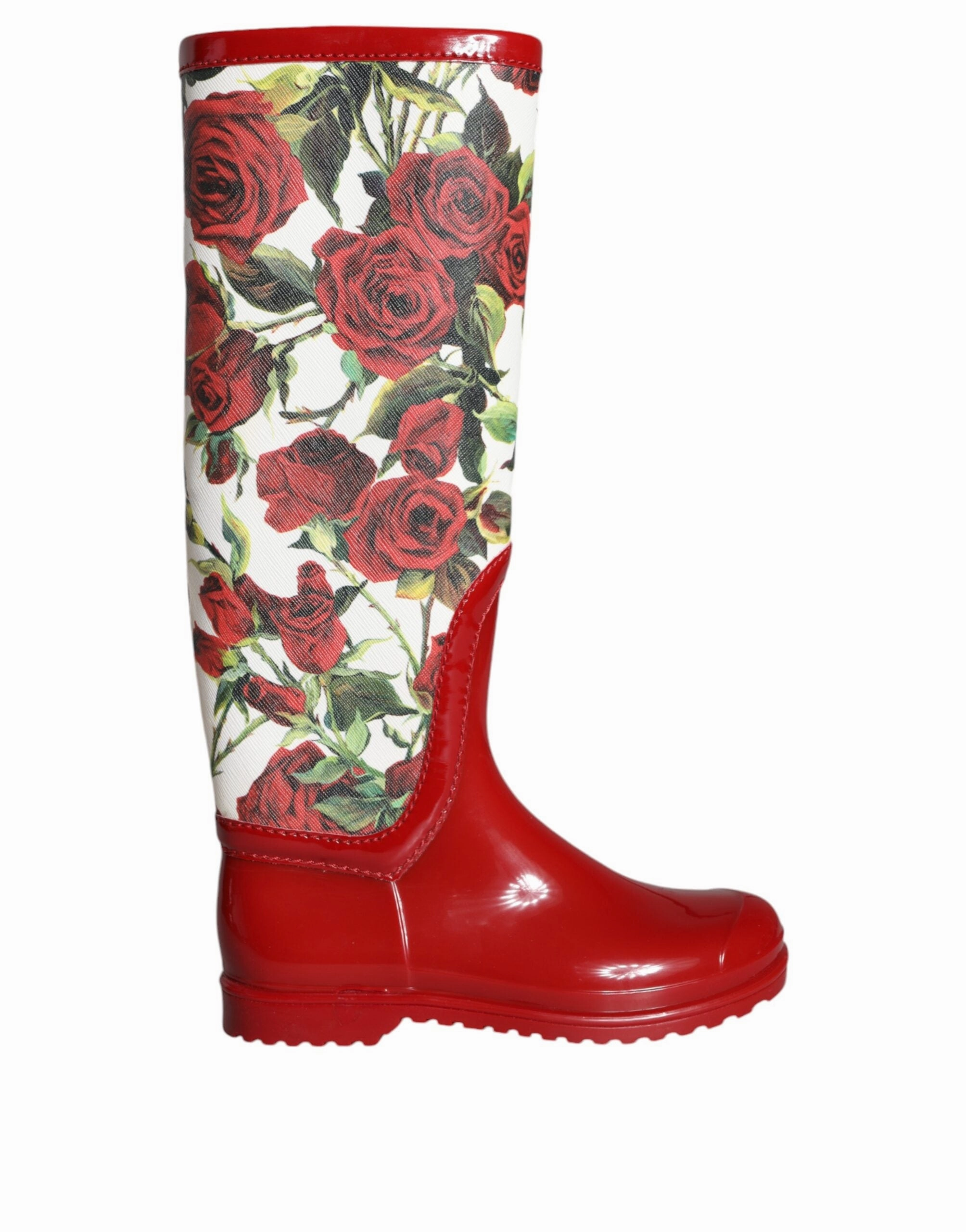 Pump Shoes Red Floral Rubber Knee High Flat Boots Shoes