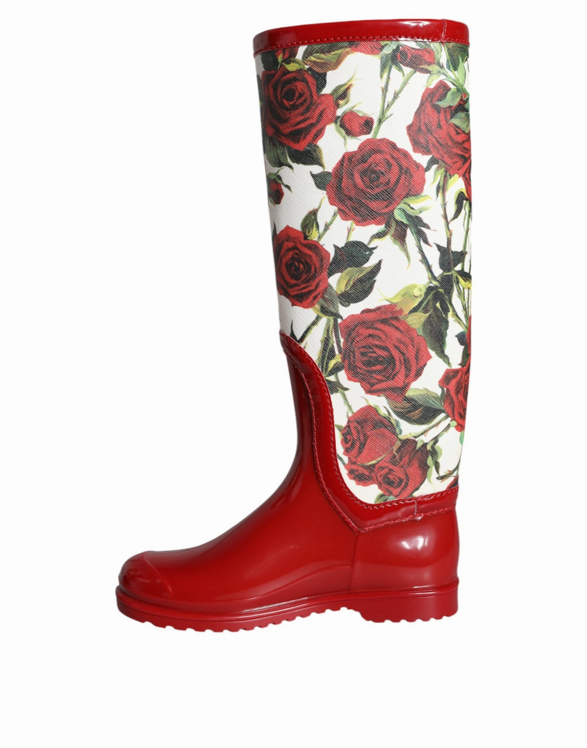 Red Floral Rubber Knee High Flat Boots Shoes Flat Shoes With Maxi Dress