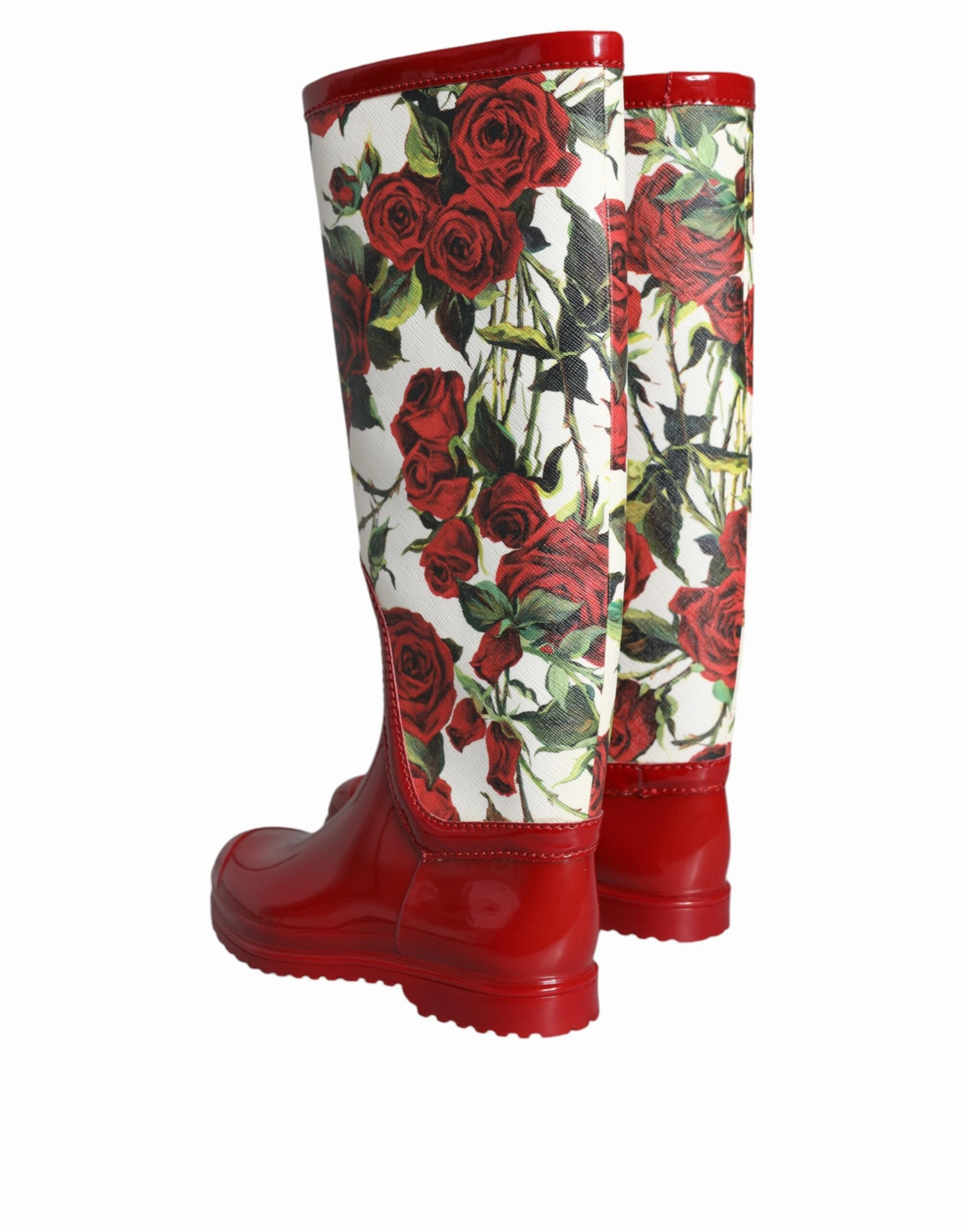 Red Floral Rubber Knee High Flat Boots Shoes Shoes Flat Heels