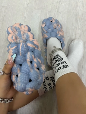Richy PUFFS Ball Slippers SKY BLUE W/ Pink TieDye "PLAIN" W/ Charms Cork Sole Slippers