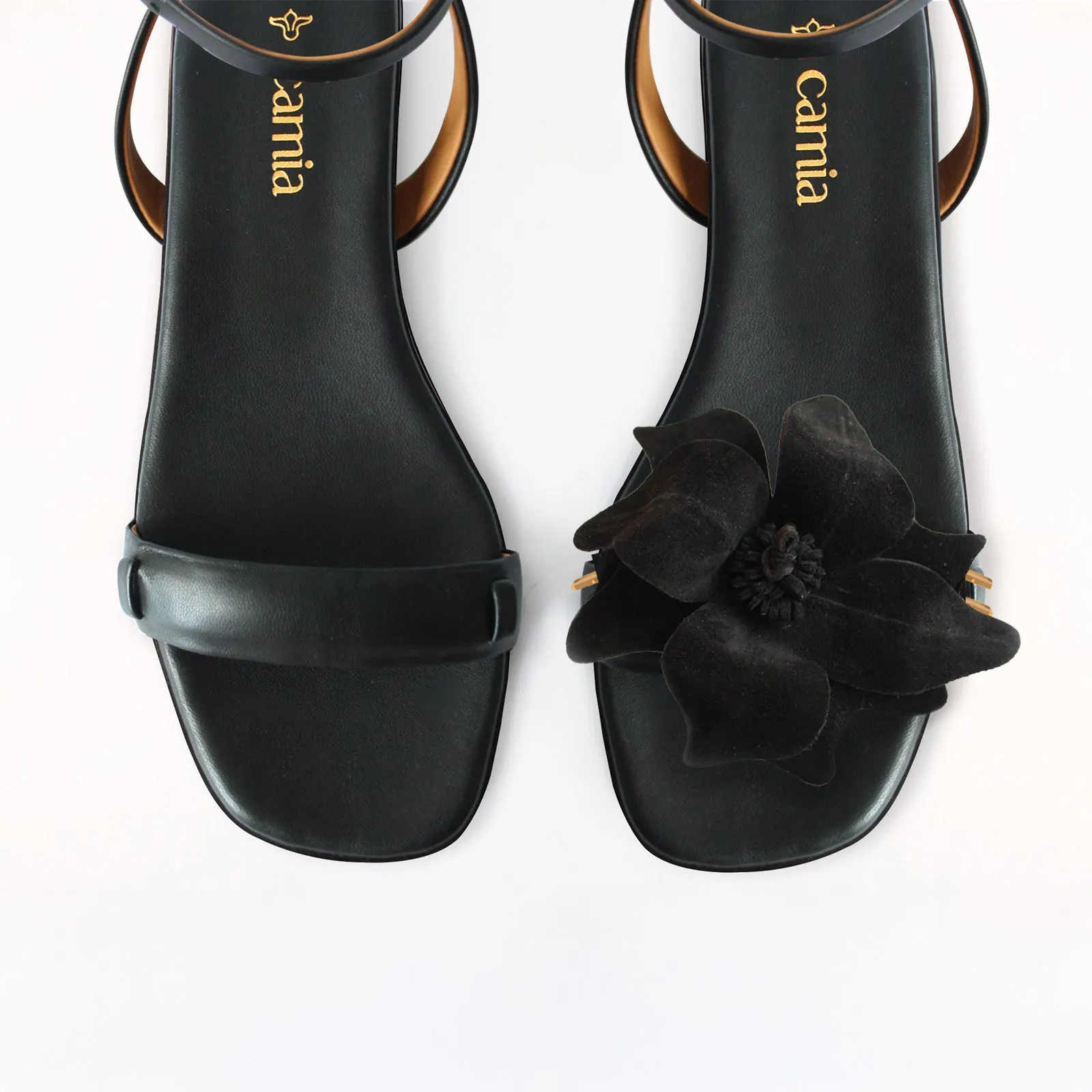 Black Flat Swap Sandal Charcoal Camia Flower Flat Shoe Molding